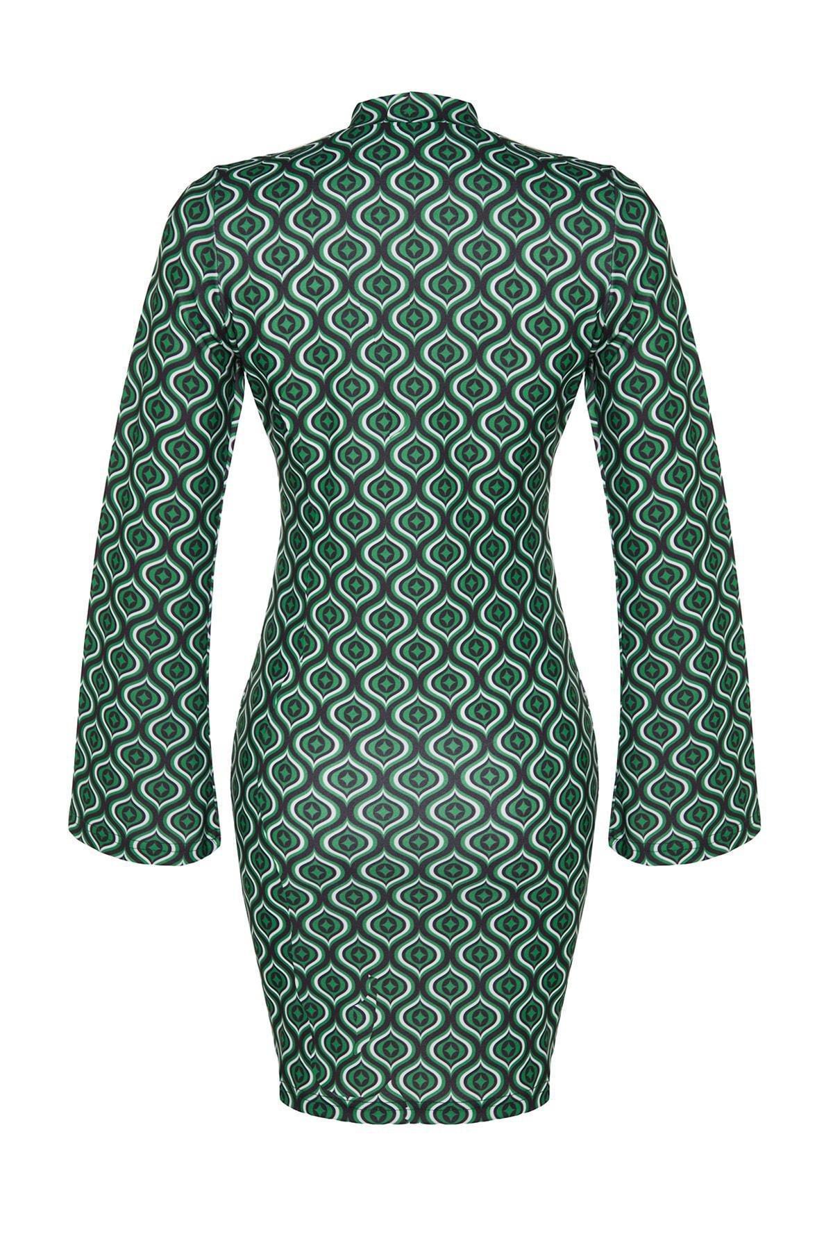 Green Stand-Up Collar Printed Mini Dress, , large image number 7