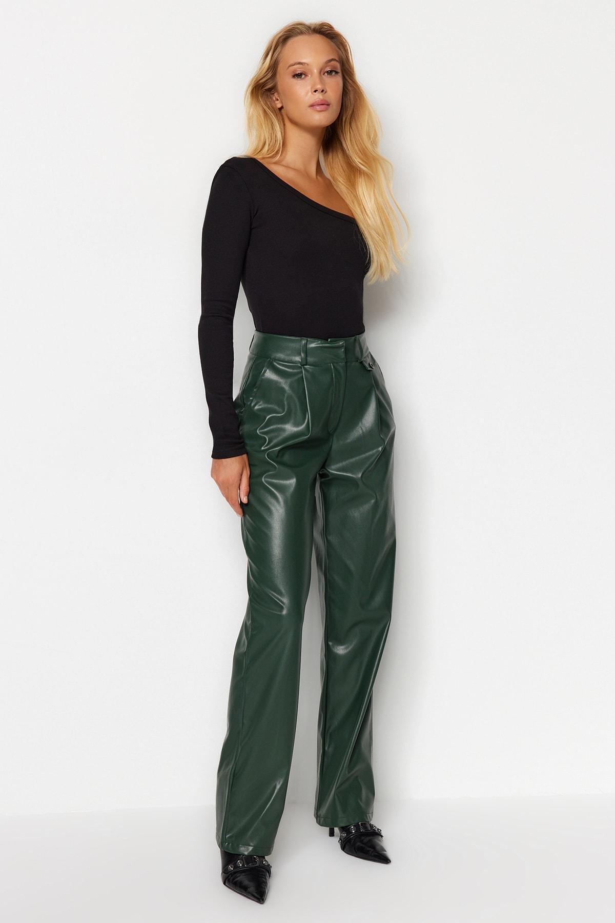 Trendyol - Green Leather Wide Leg Trousers