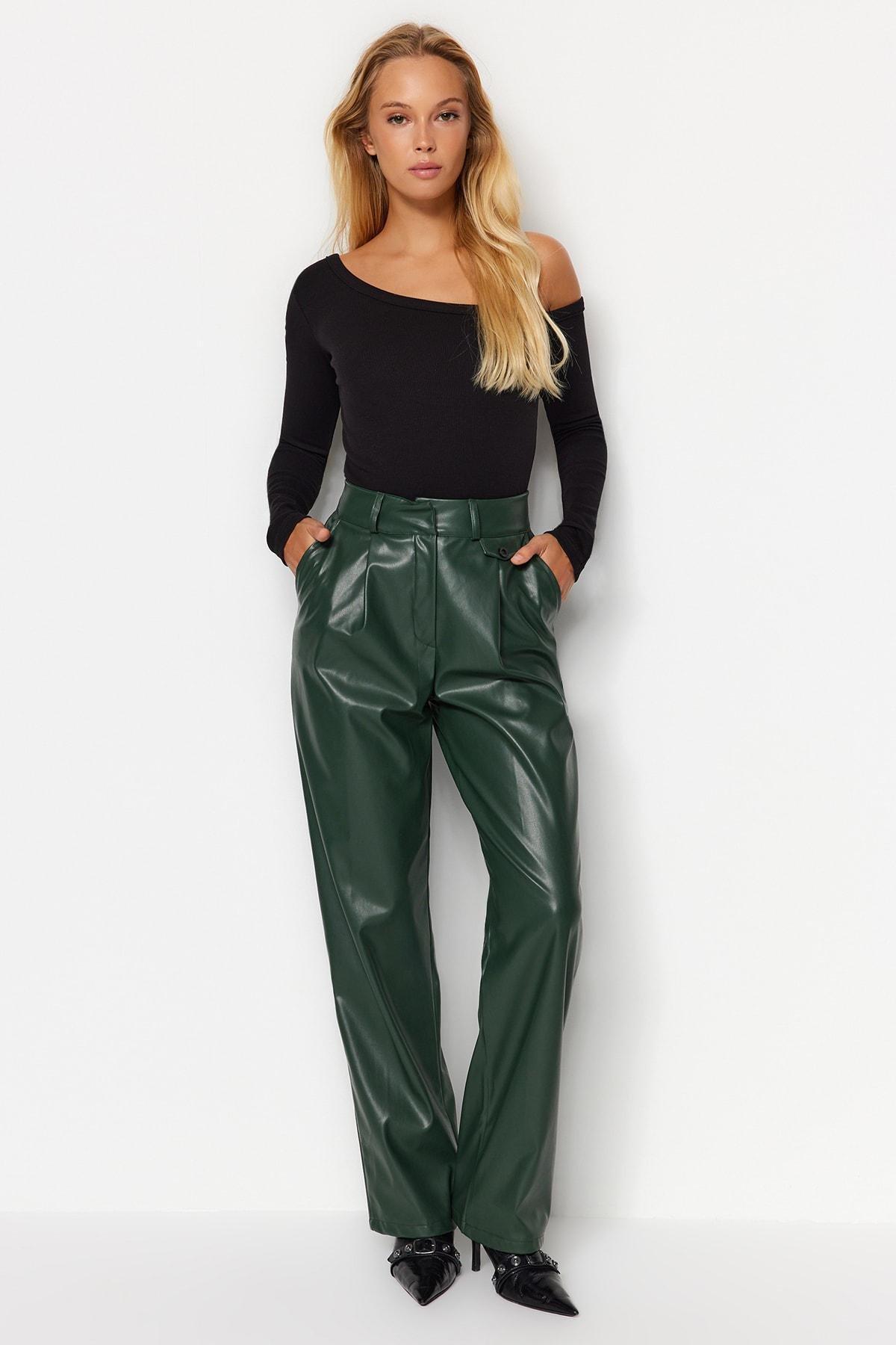 Trendyol - Green Leather Wide Leg Trousers