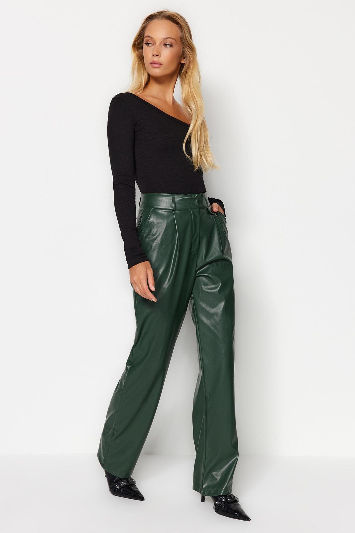 Trendyol - Green Leather Wide Leg Trousers