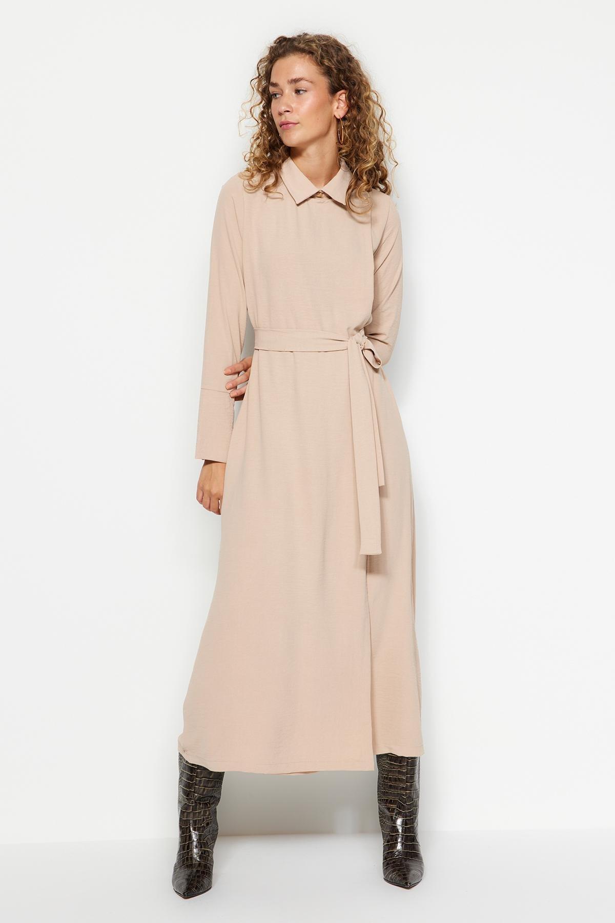 Trendyol - Beige Belted Aerobin Woven Dress
