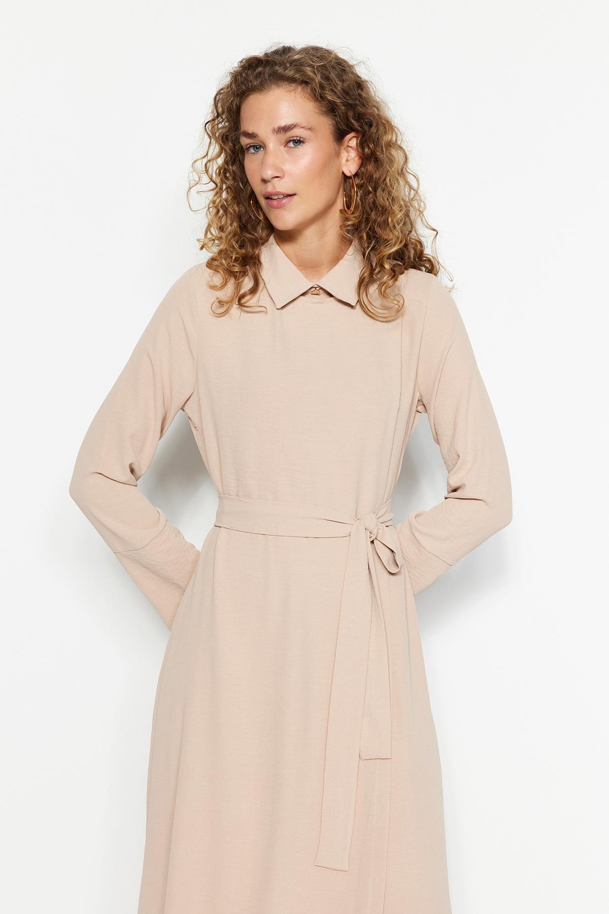 Trendyol - Beige Belted Aerobin Woven Dress
