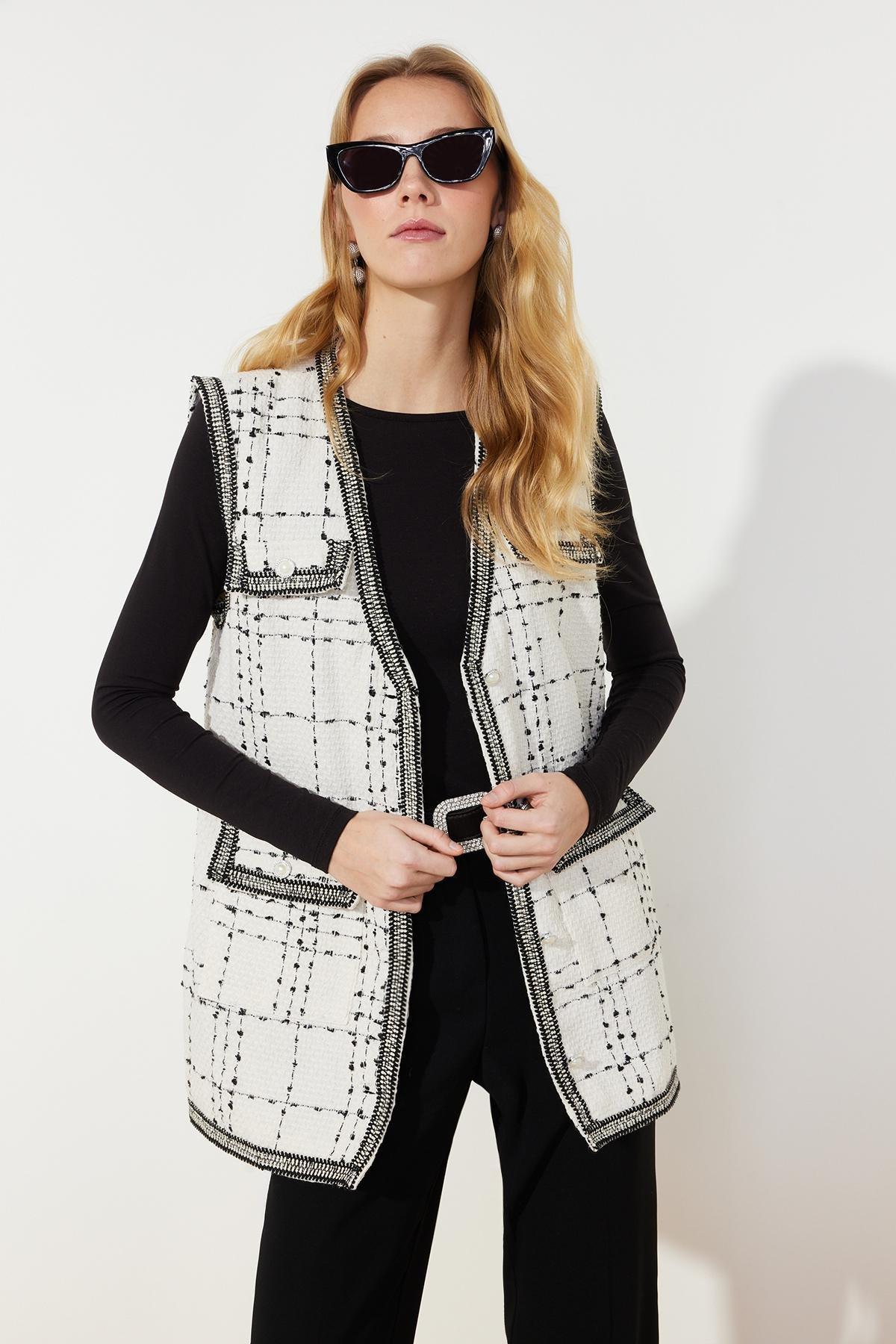 White Detailed Tweed Woven Vest, , large image number 0