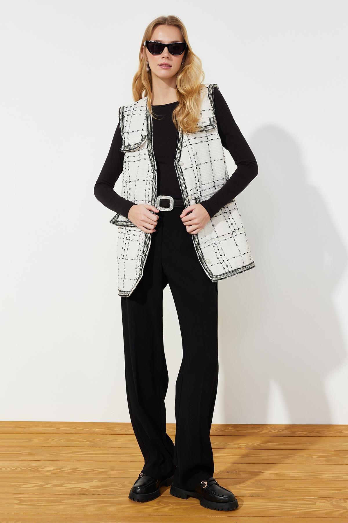White Detailed Tweed Woven Vest, , large image number 1