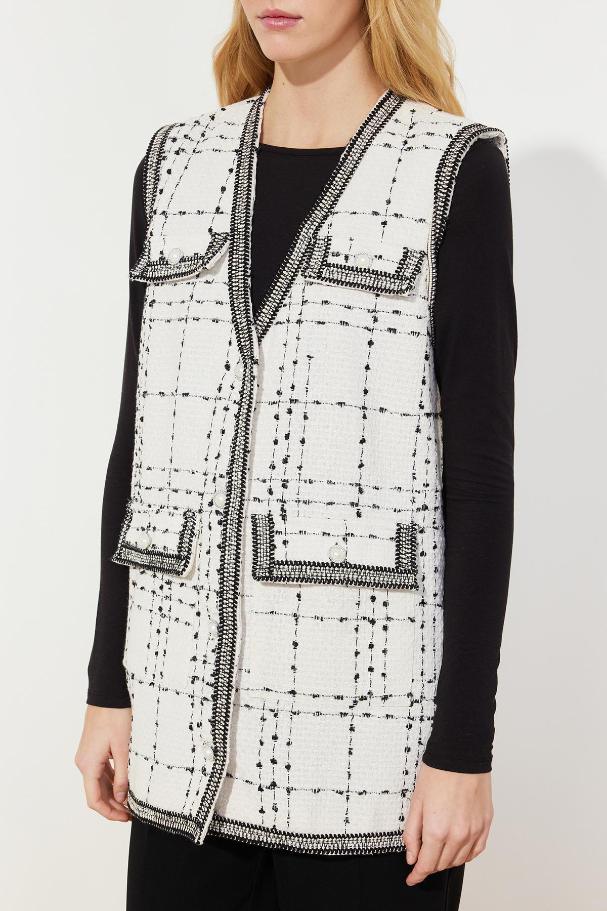 White Detailed Tweed Woven Vest, , large image number 4