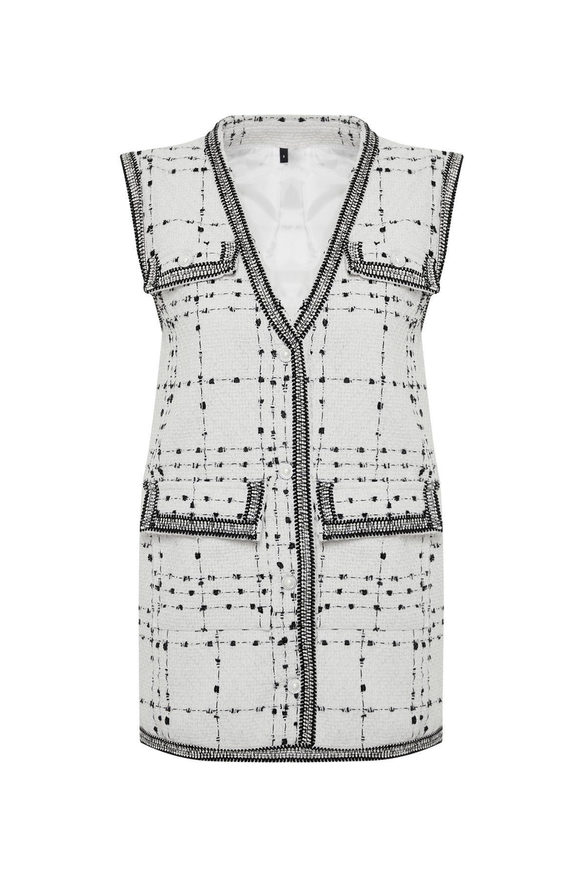 White Detailed Tweed Woven Vest, , large image number 5