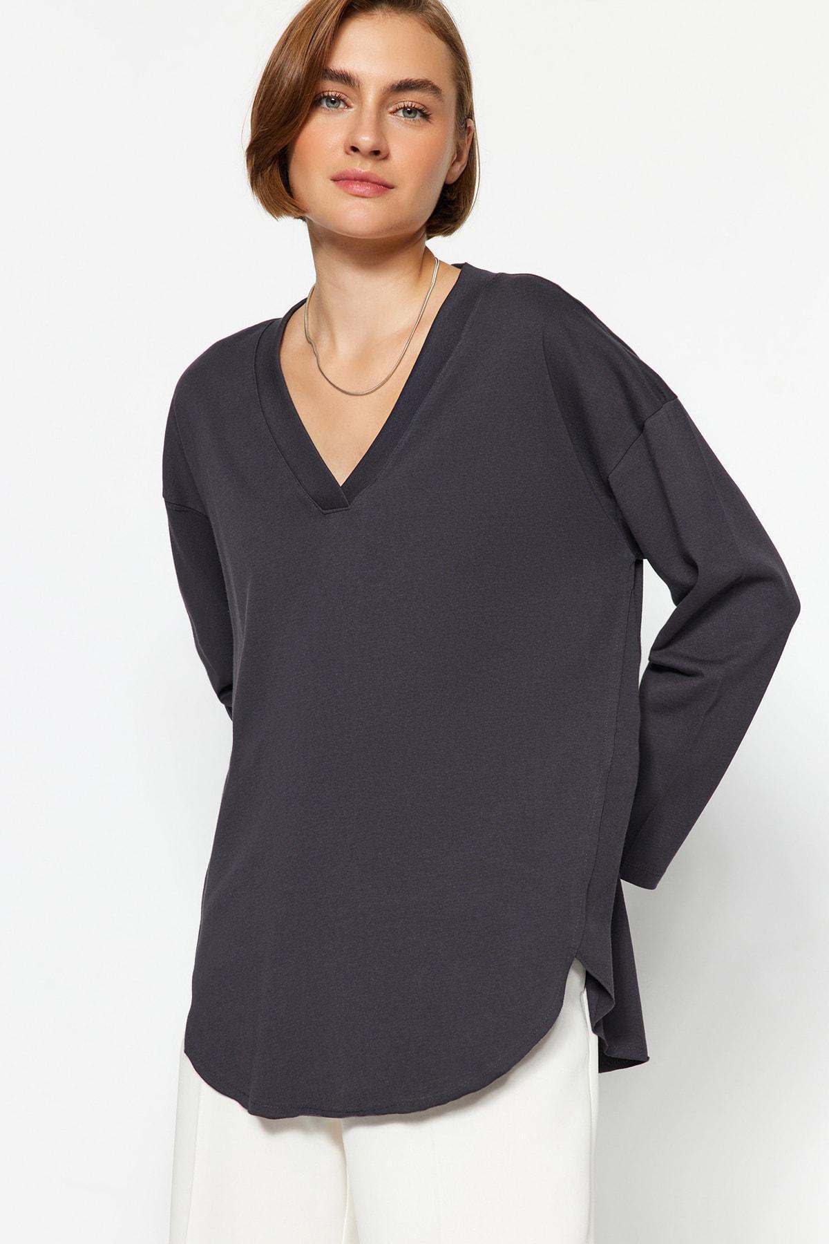 Gray V-Neck Regular Knitted T-Shirt, , large image number 0