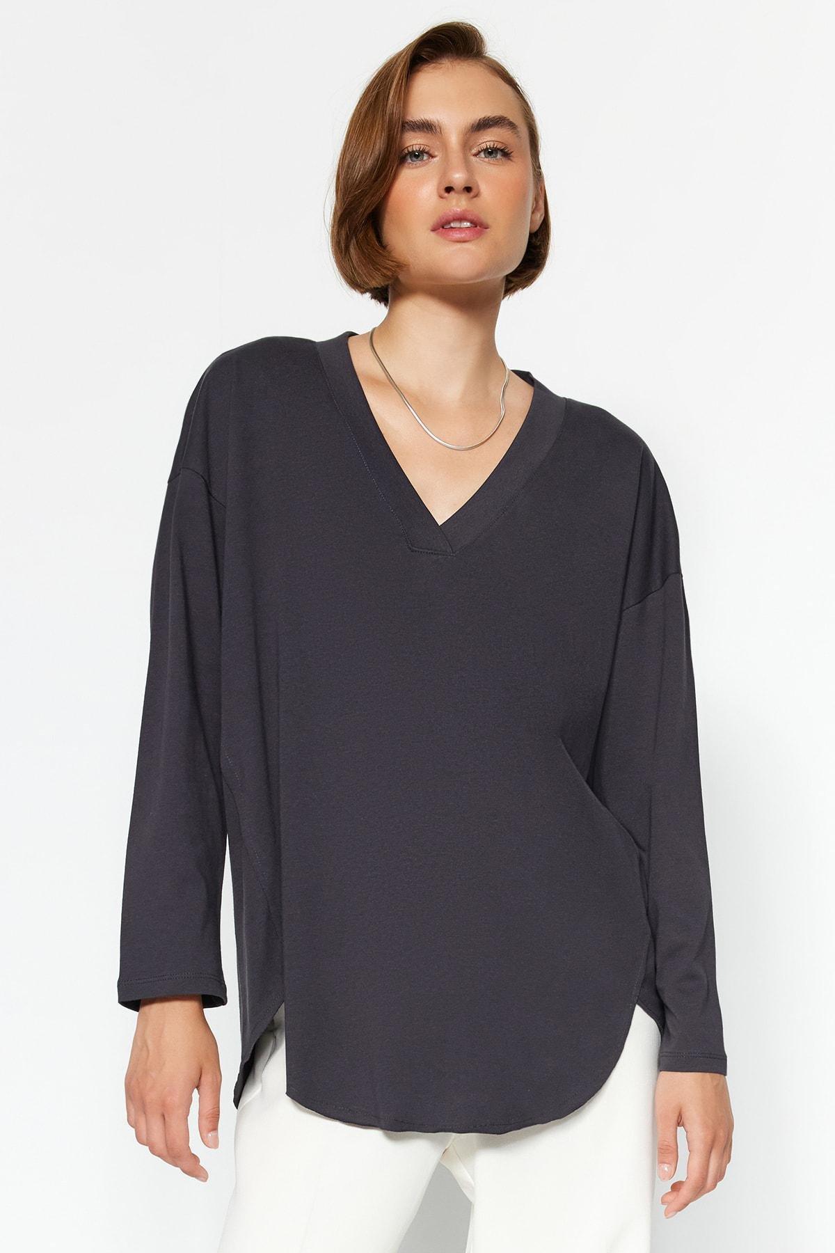 Gray V-Neck Regular Knitted T-Shirt, , large image number 2