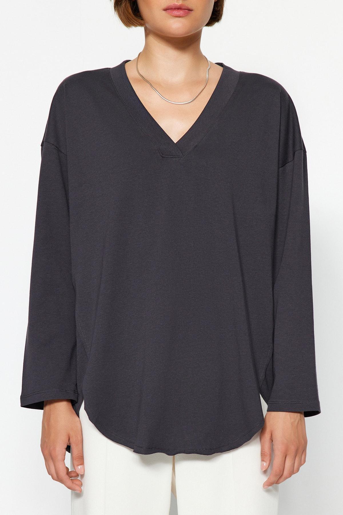 Gray V-Neck Regular Knitted T-Shirt, , large image number 4