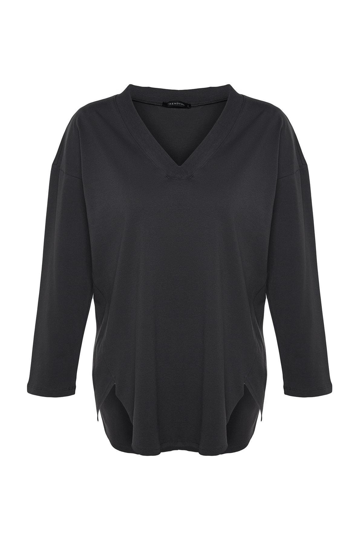 Gray V-Neck Regular Knitted T-Shirt, , large image number 5