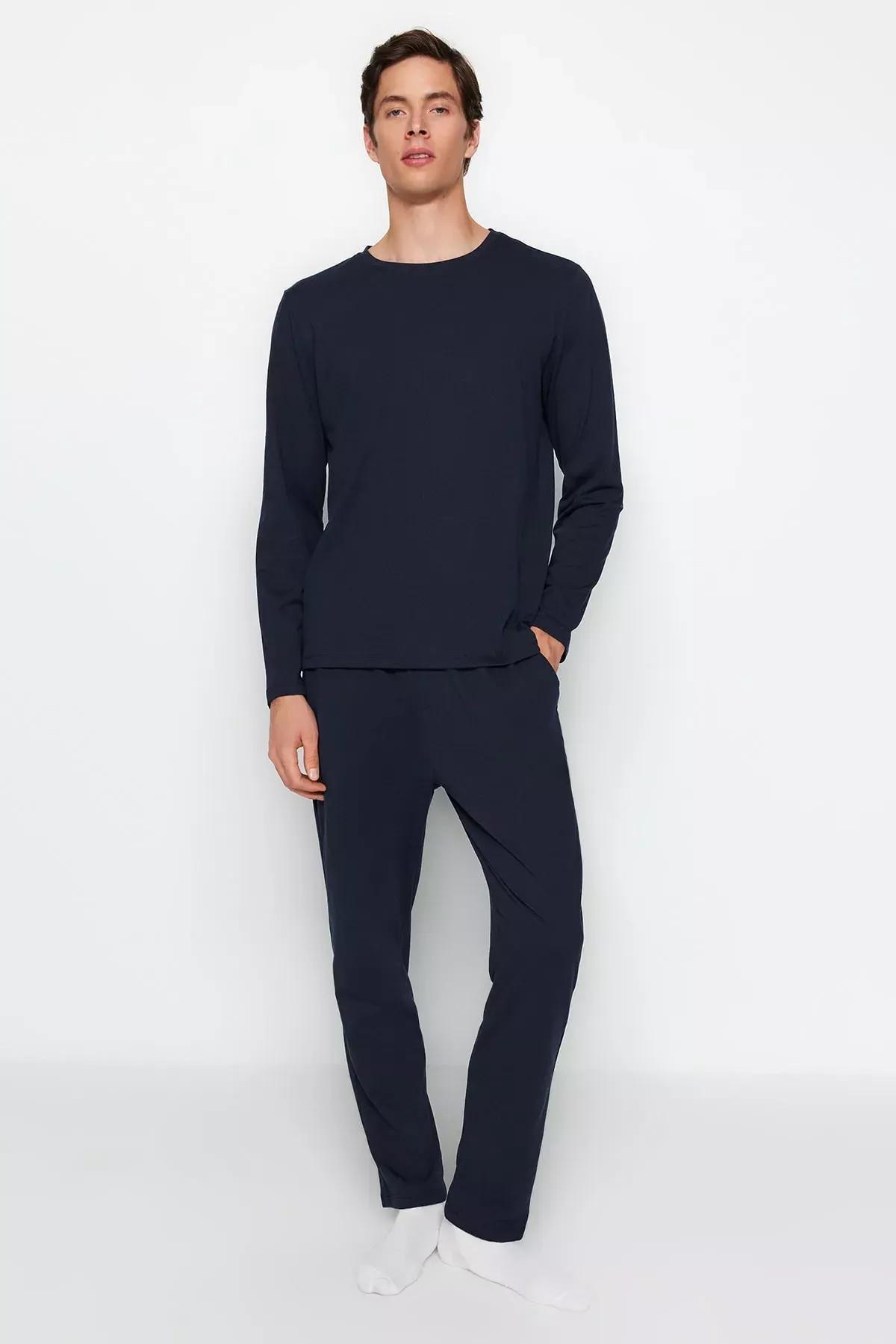 Navy Knitted Pyjamas Set, Navy blue, medium