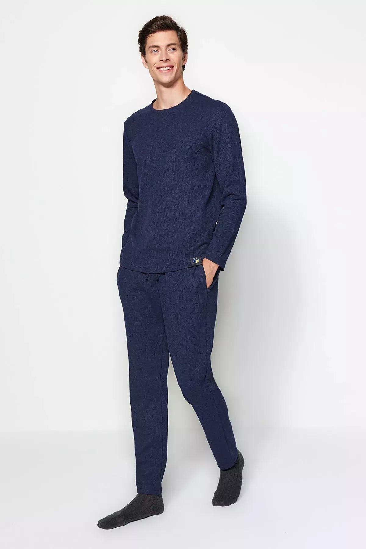 Navy Waffle Knit Pyjamas Set, Indigo, medium