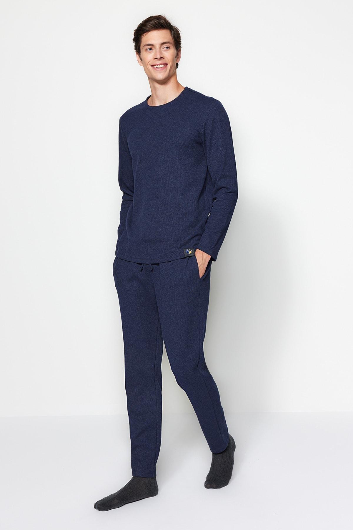 Navy Waffle Knit Pyjamas Set, , large image number 1