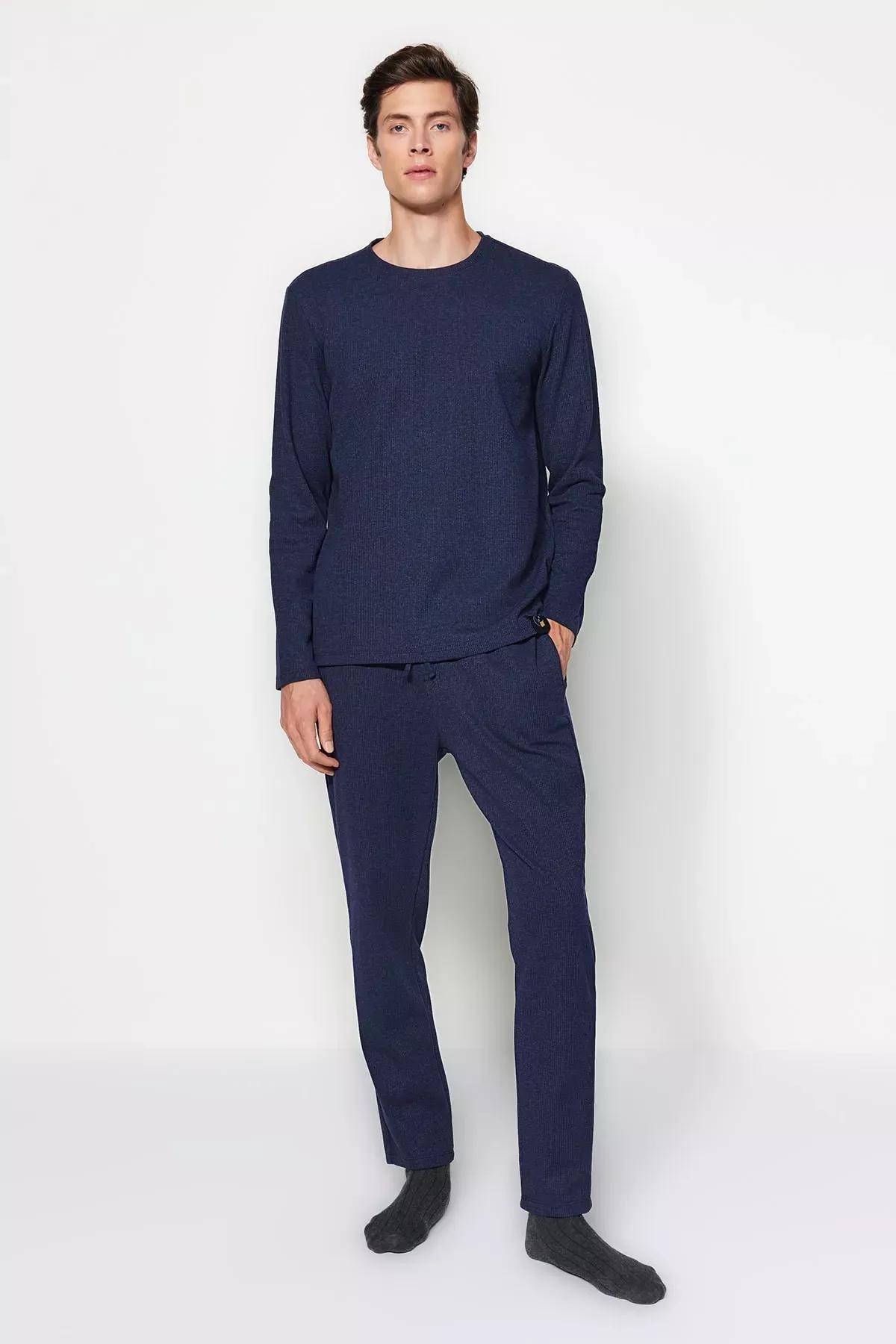 Navy Waffle Knit Pyjamas Set, Indigo, medium