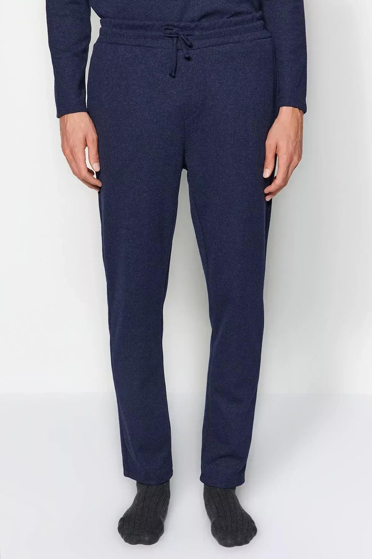 Navy Waffle Knit Pyjamas Set, Indigo, medium