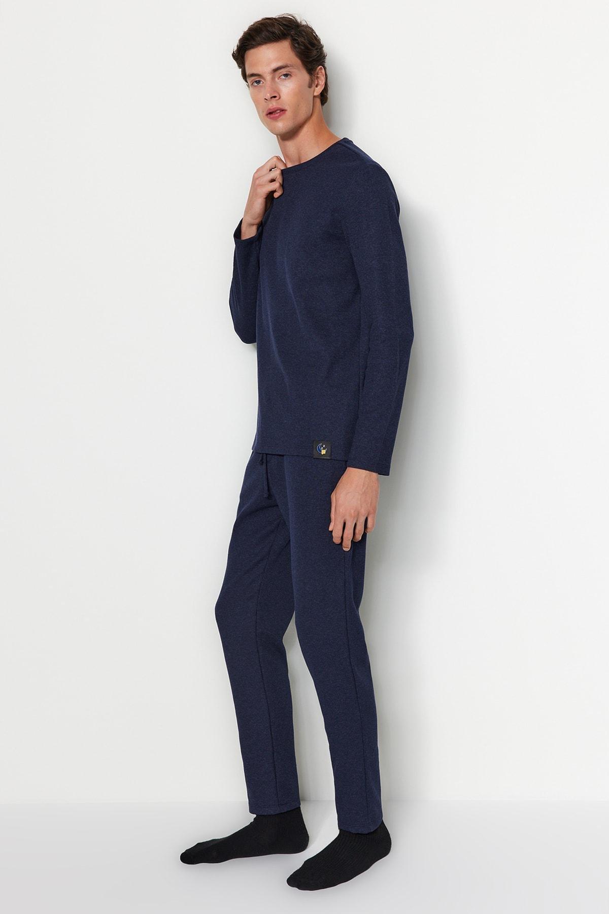 Navy Waffle Knit Pyjamas Set, , large image number 4