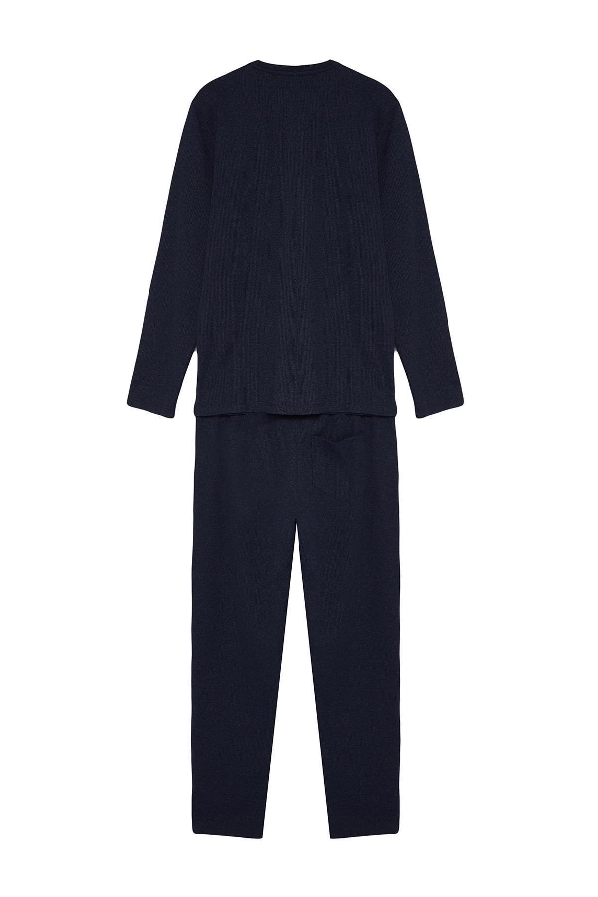 Navy Waffle Knit Pyjamas Set, , large image number 6