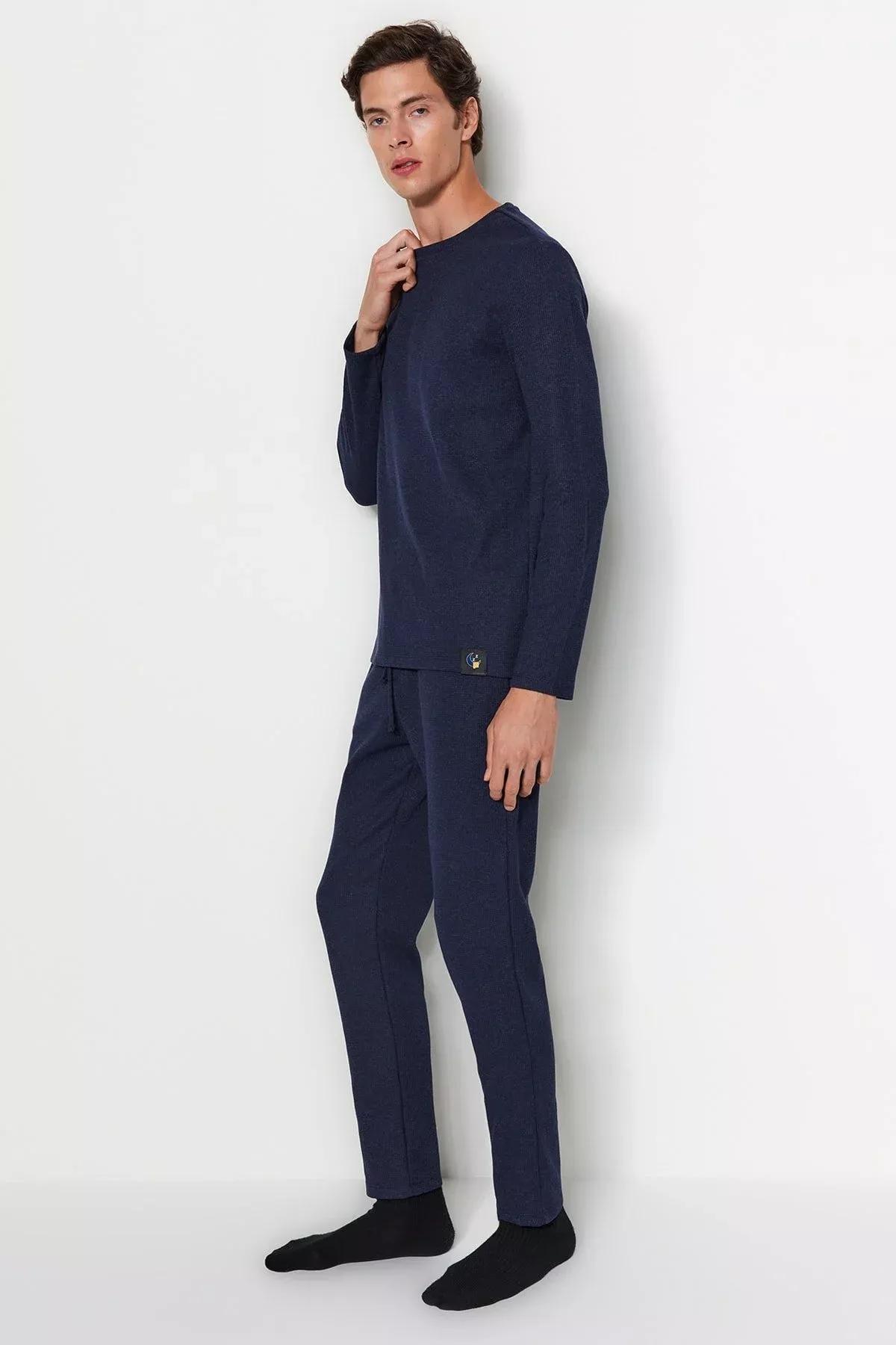 Navy Waffle Knit Pyjamas Set, Indigo, large image number 7