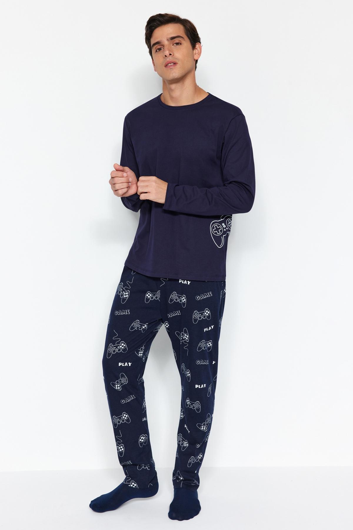 Navy Printed Pyjamas Set, , large image number 0