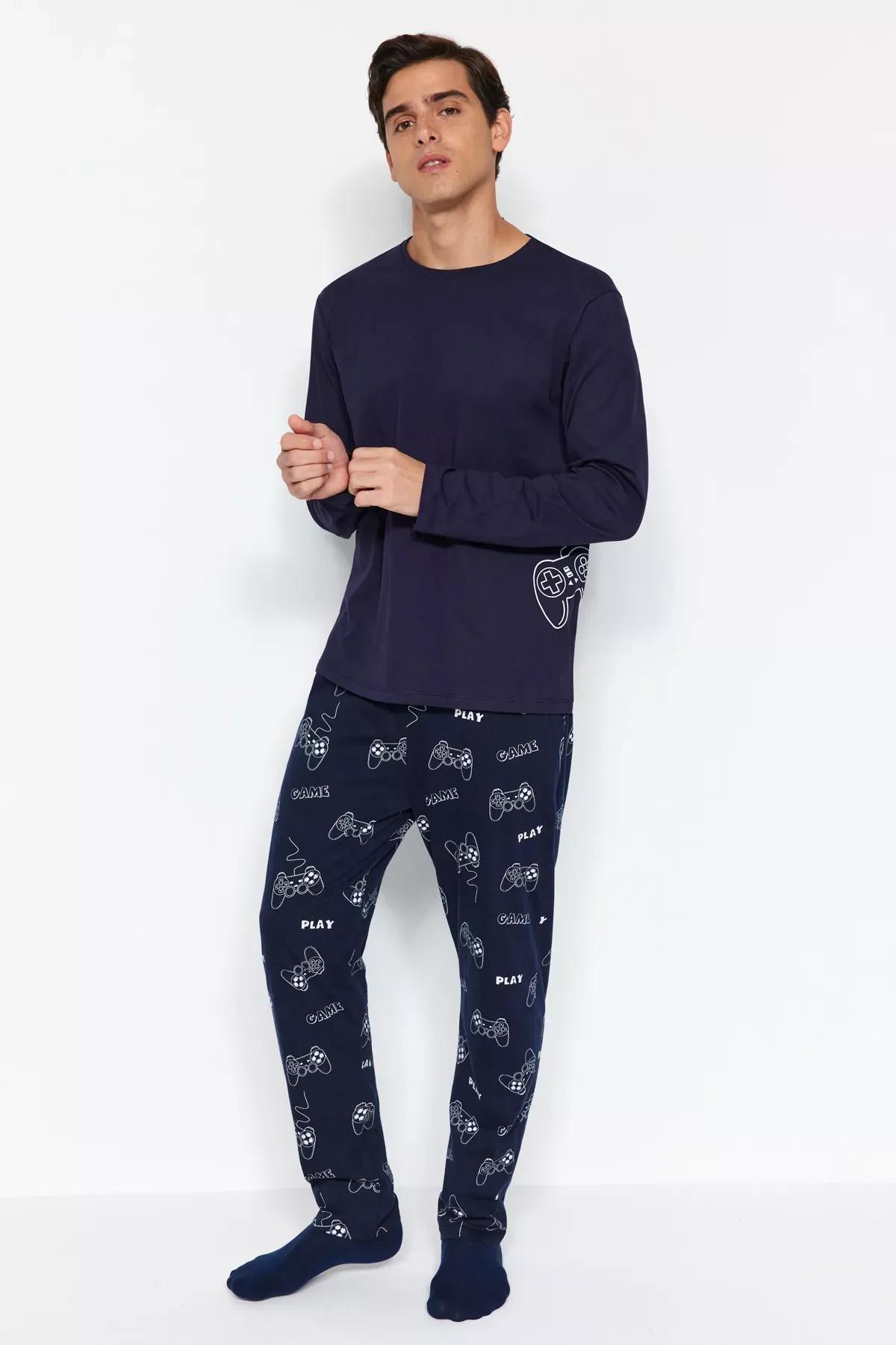 Navy Printed Pyjamas Set, Navy blue, medium