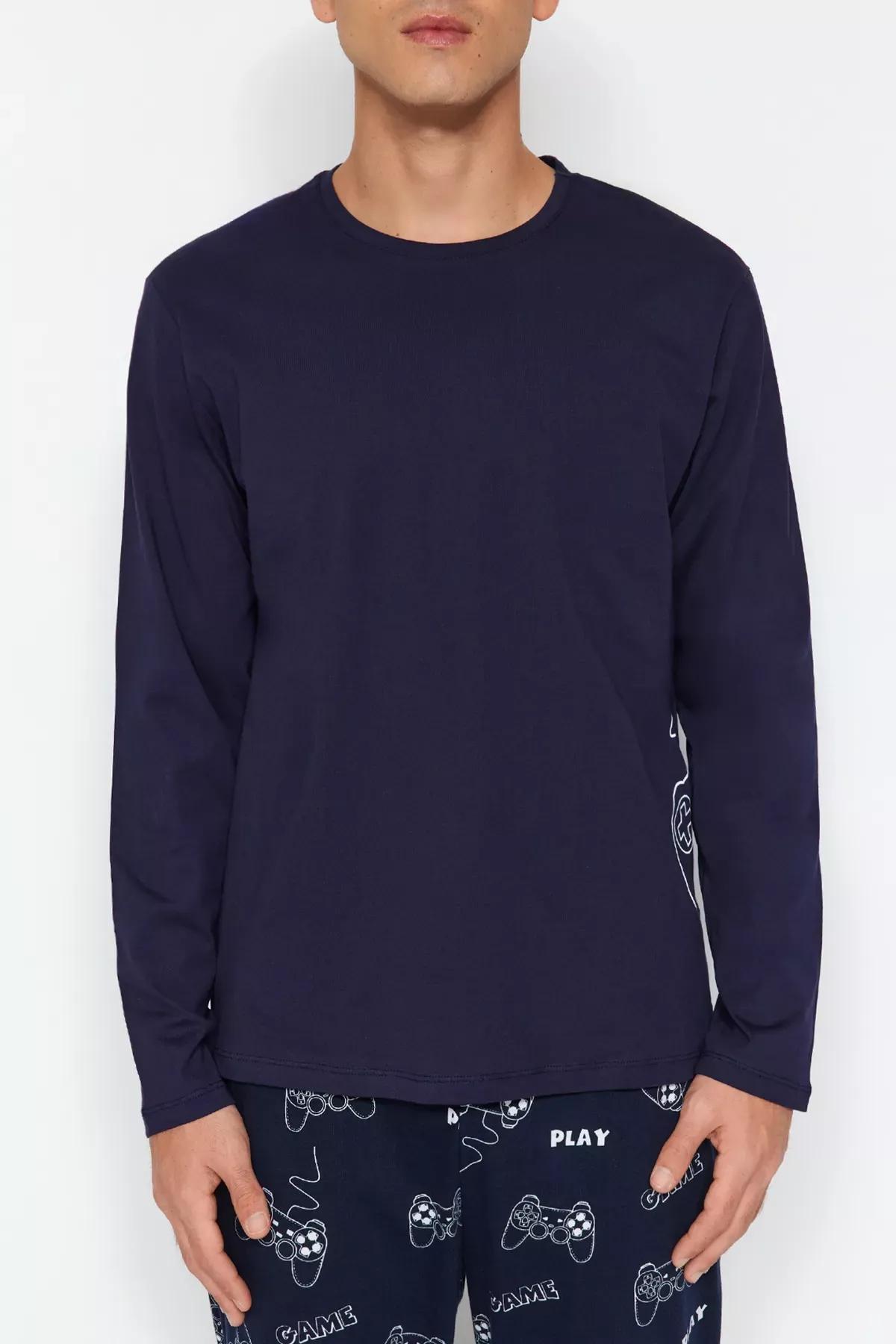 Navy Printed Pyjamas Set, Navy blue, large image number 1