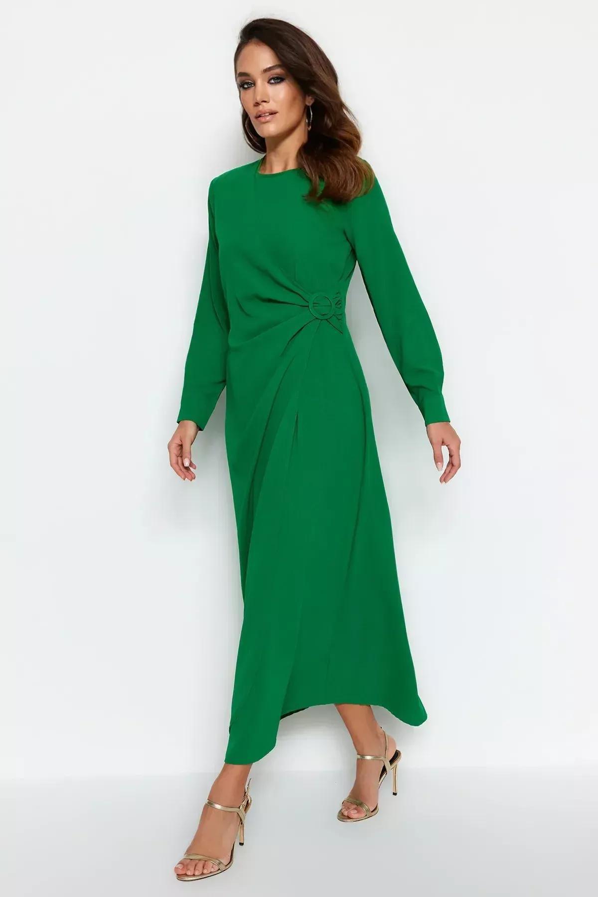 Green Detailed Woven Dress, Green, medium
