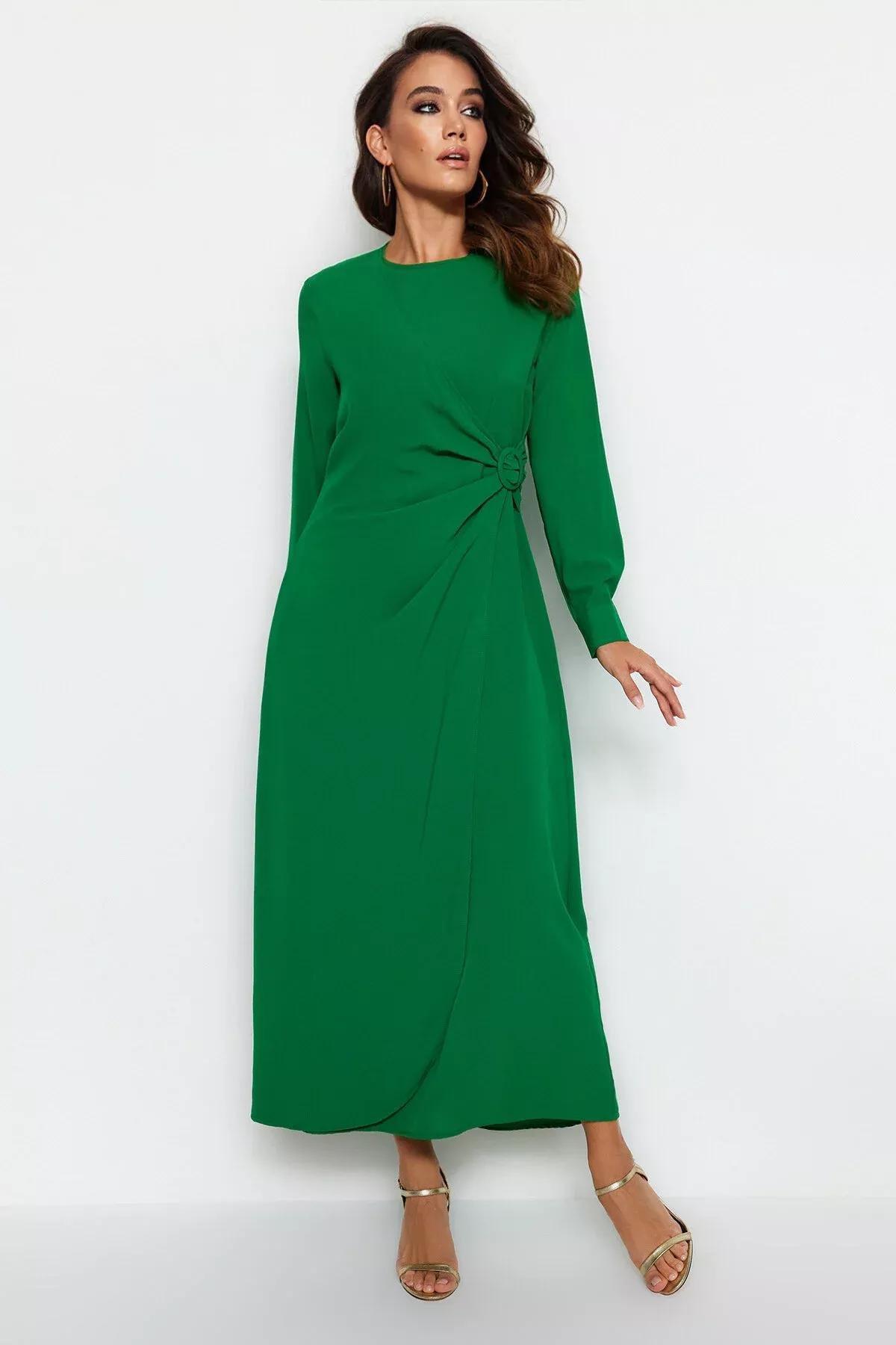 Green Detailed Woven Dress, Green, medium
