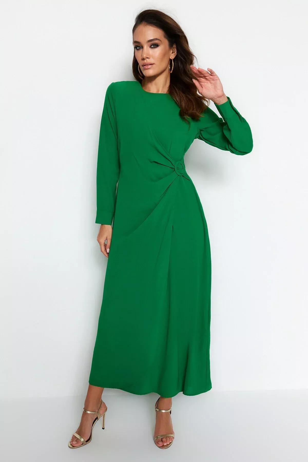 Green Detailed Woven Dress, Green, medium