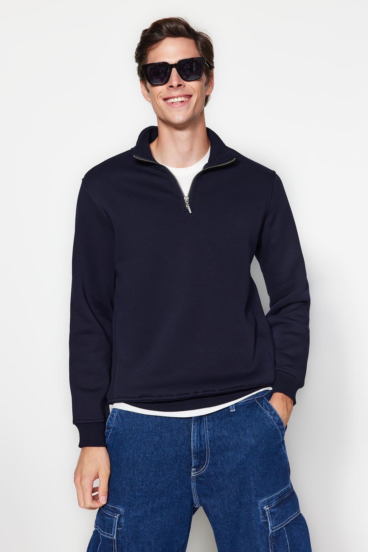 Navy Stand-Up Collar Zippered Cotton Sweatshirt, , large image number 0