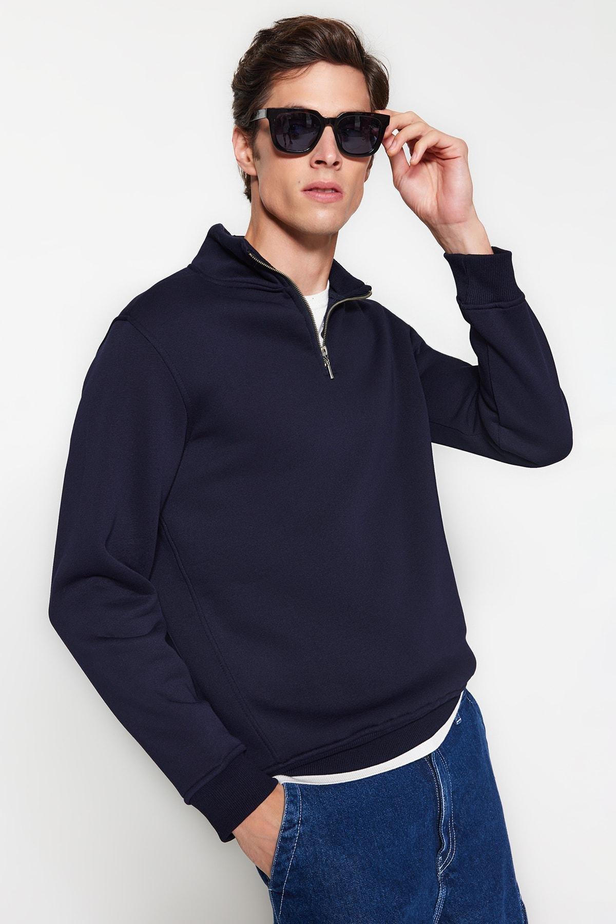 Navy Stand-Up Collar Zippered Cotton Sweatshirt, , large image number 1