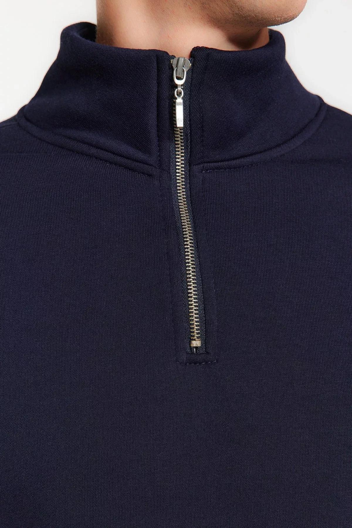 Navy Stand-Up Collar Zippered Cotton Sweatshirt, C101_1712, medium