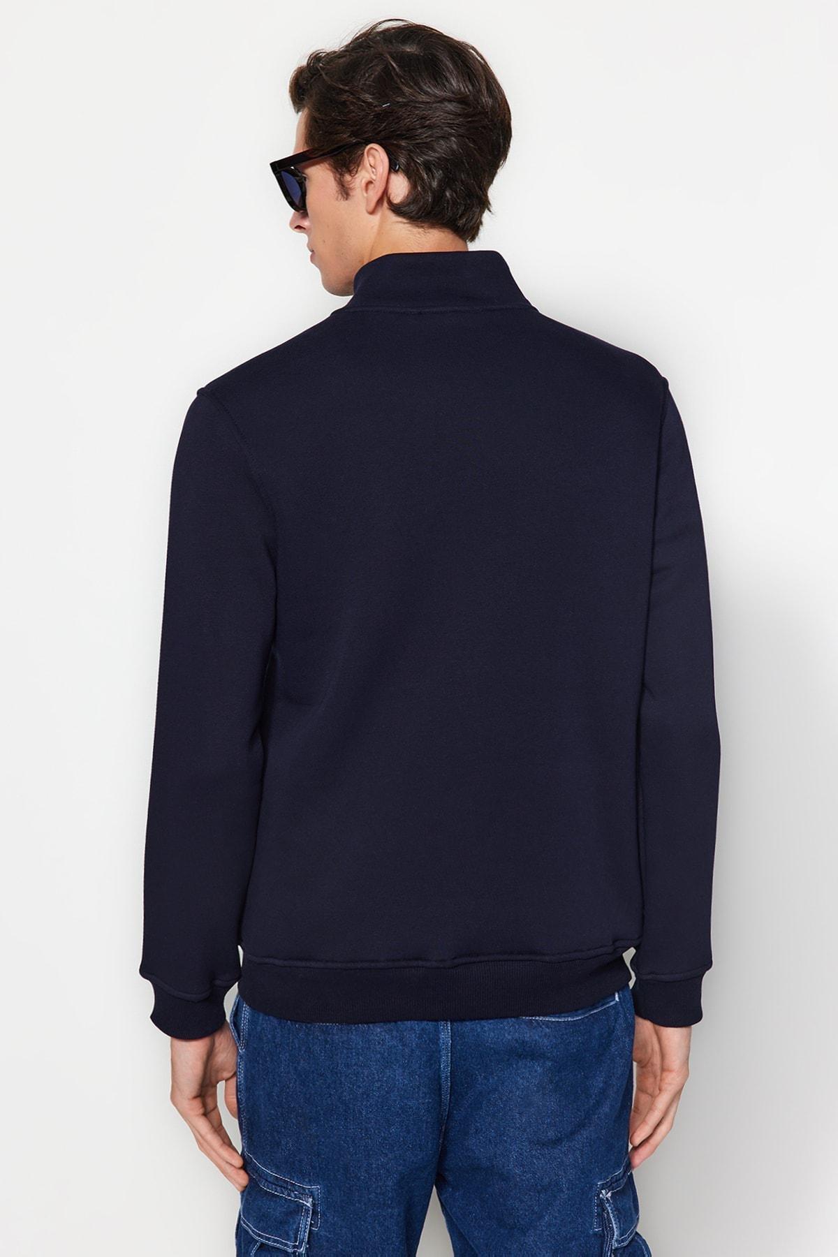 Navy Stand-Up Collar Zippered Cotton Sweatshirt, , large image number 2