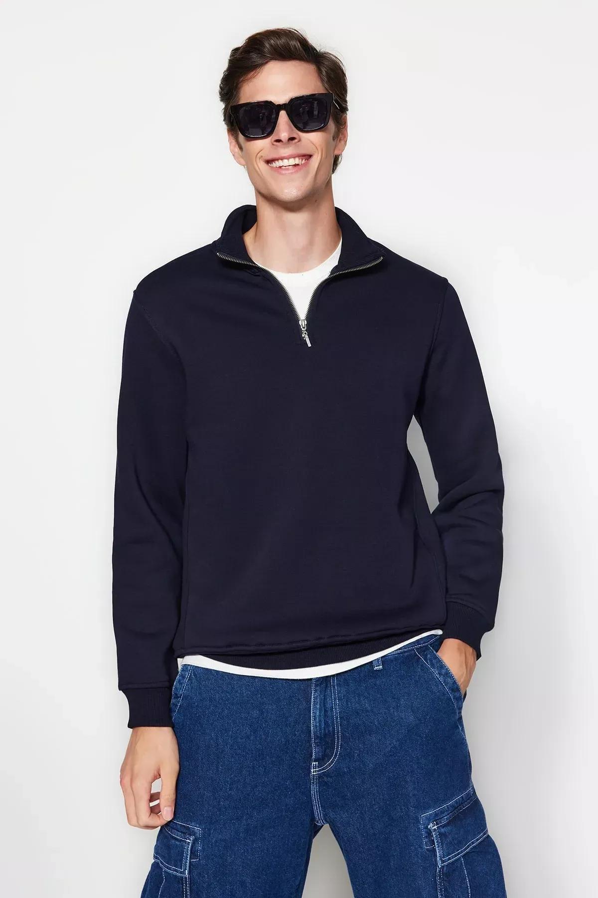 Navy Stand-Up Collar Zippered Cotton Sweatshirt, C101_1712, medium