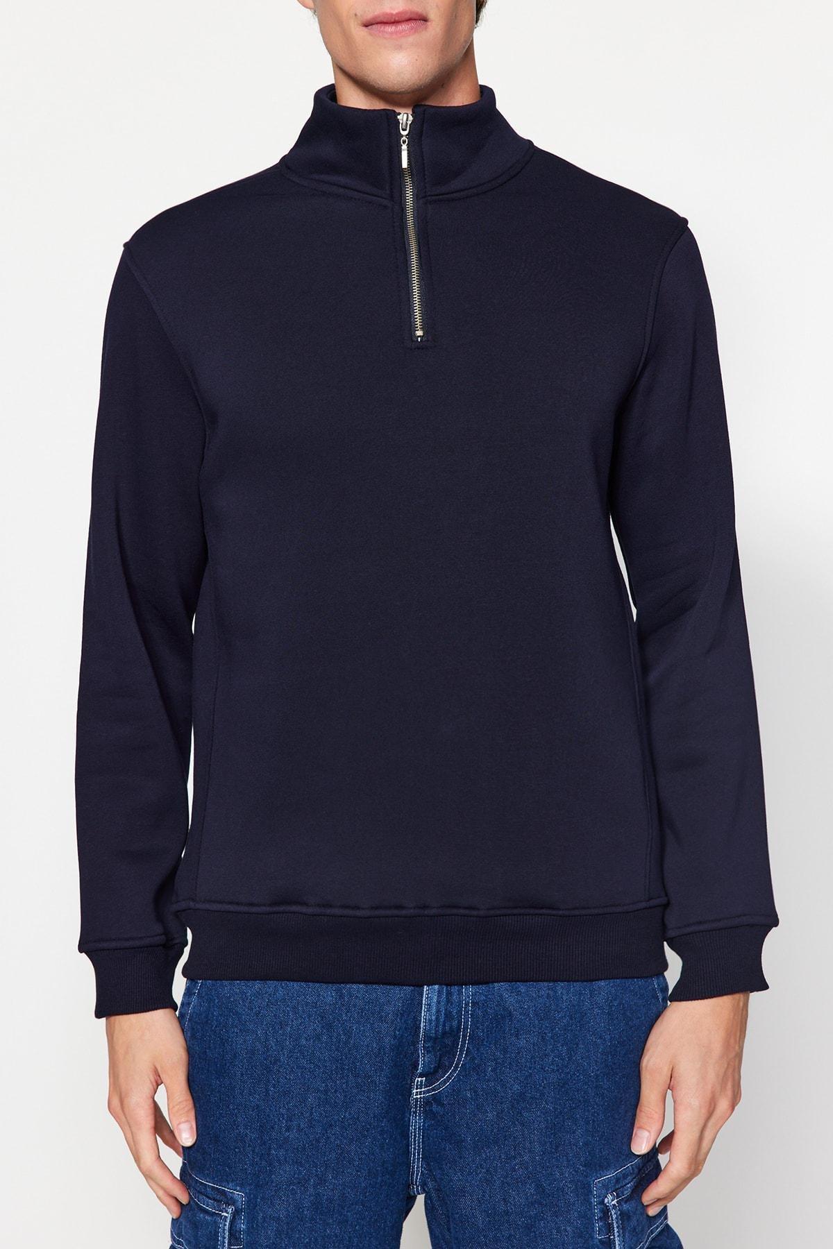 Navy Stand-Up Collar Zippered Cotton Sweatshirt, , large image number 3