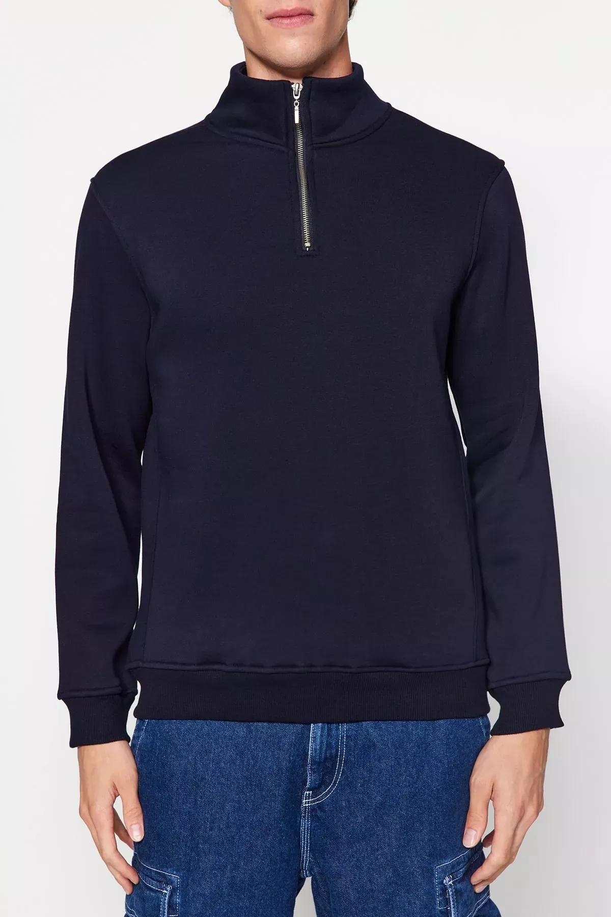 Navy Stand-Up Collar Zippered Cotton Sweatshirt, C101_1712, large image number 3