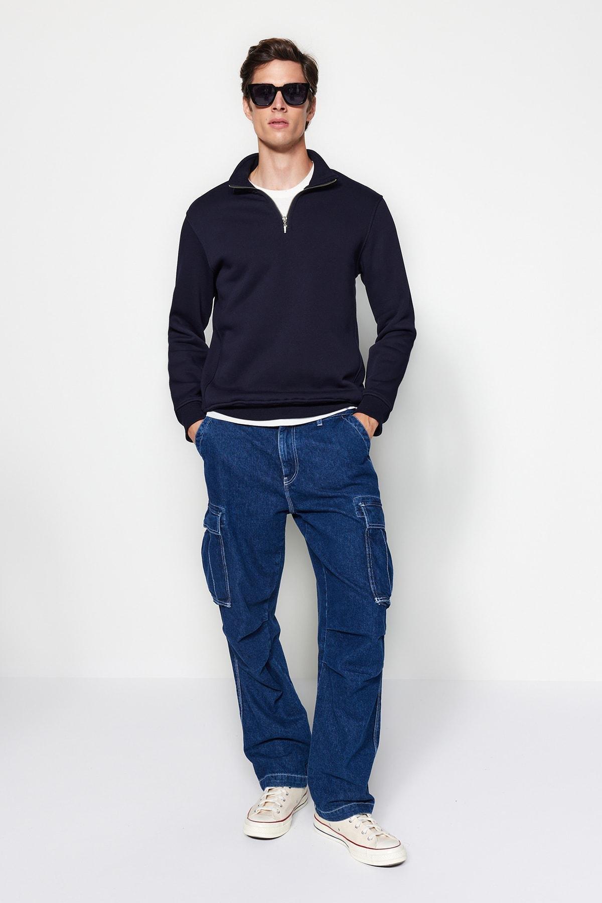 Navy Stand-Up Collar Zippered Cotton Sweatshirt, , large image number 4