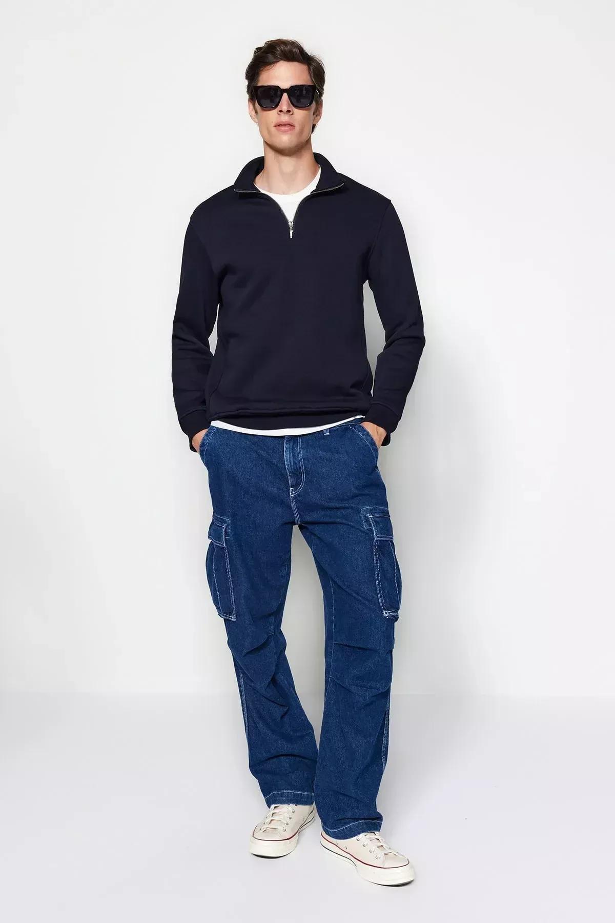 Navy Stand-Up Collar Zippered Cotton Sweatshirt, C101_1712, large image number 4