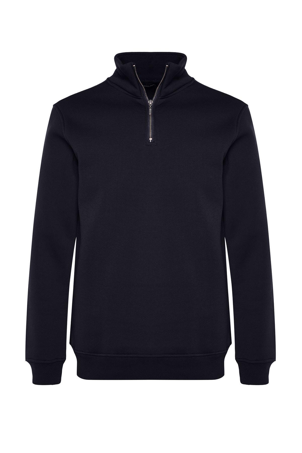 Navy Stand-Up Collar Zippered Cotton Sweatshirt, , large image number 5