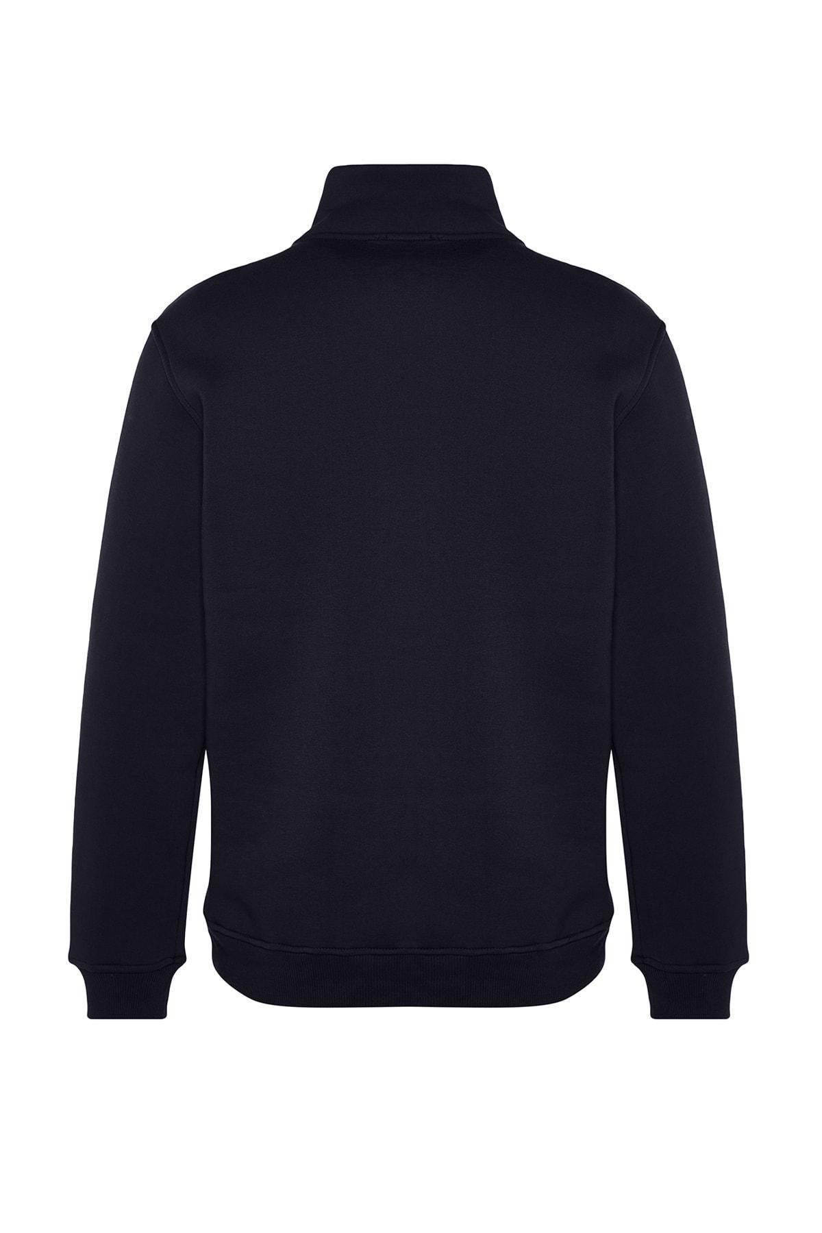 Navy Stand-Up Collar Zippered Cotton Sweatshirt, , large image number 6