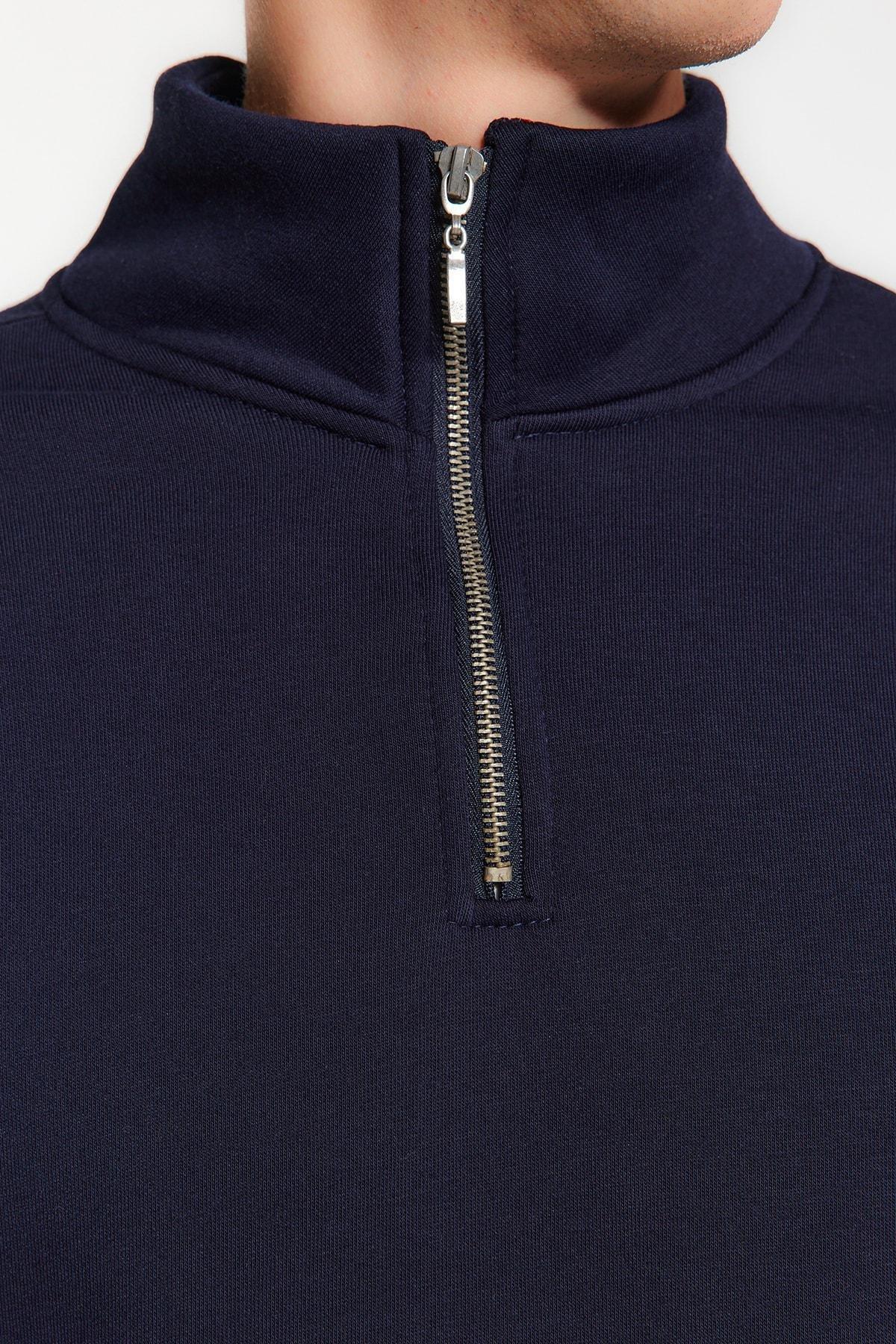 Navy Stand-Up Collar Zippered Cotton Sweatshirt, , large image number 7
