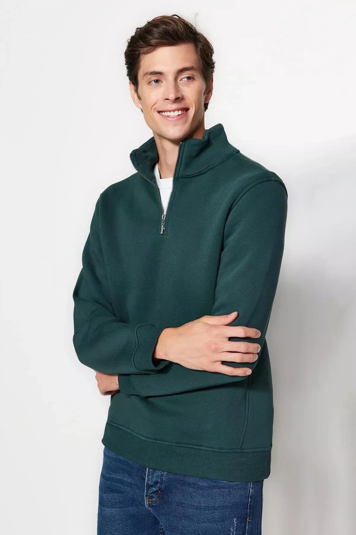 Green Stand Up Collar Zippered Basic Sweatshirt, C101_1737, large image number 0