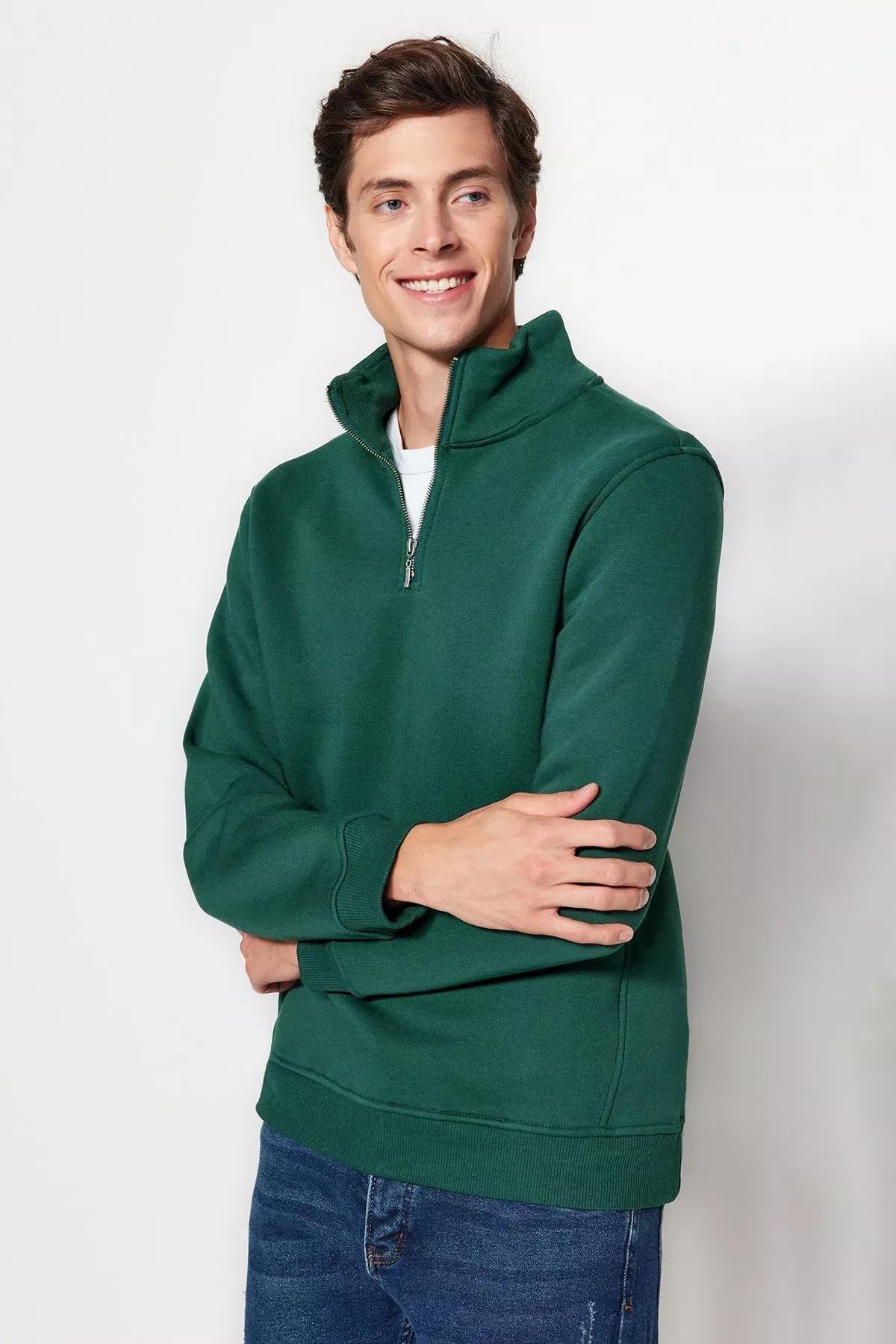 Green Stand Up Collar Zippered Basic Sweatshirt, C101_1737, medium