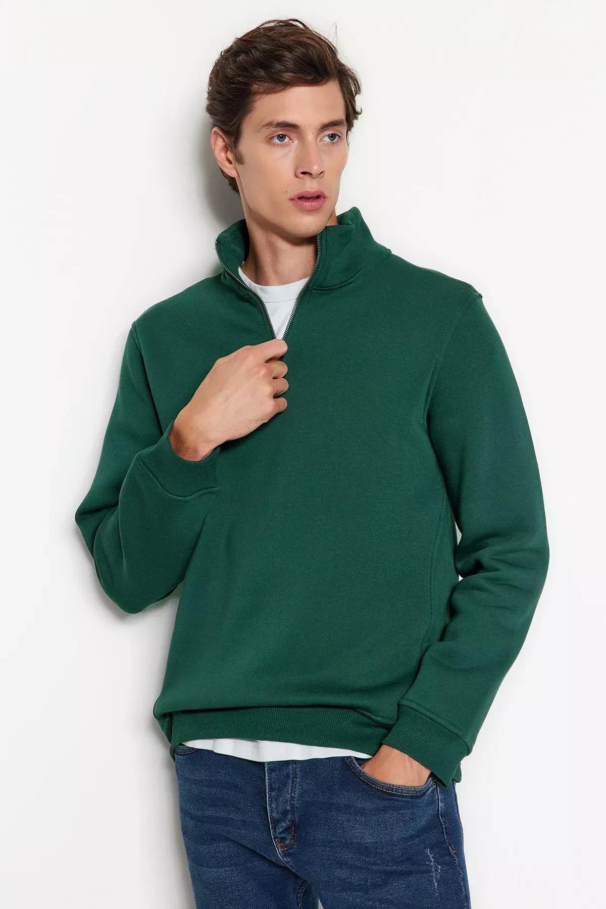 Green Stand Up Collar Zippered Basic Sweatshirt, C101_1737, medium