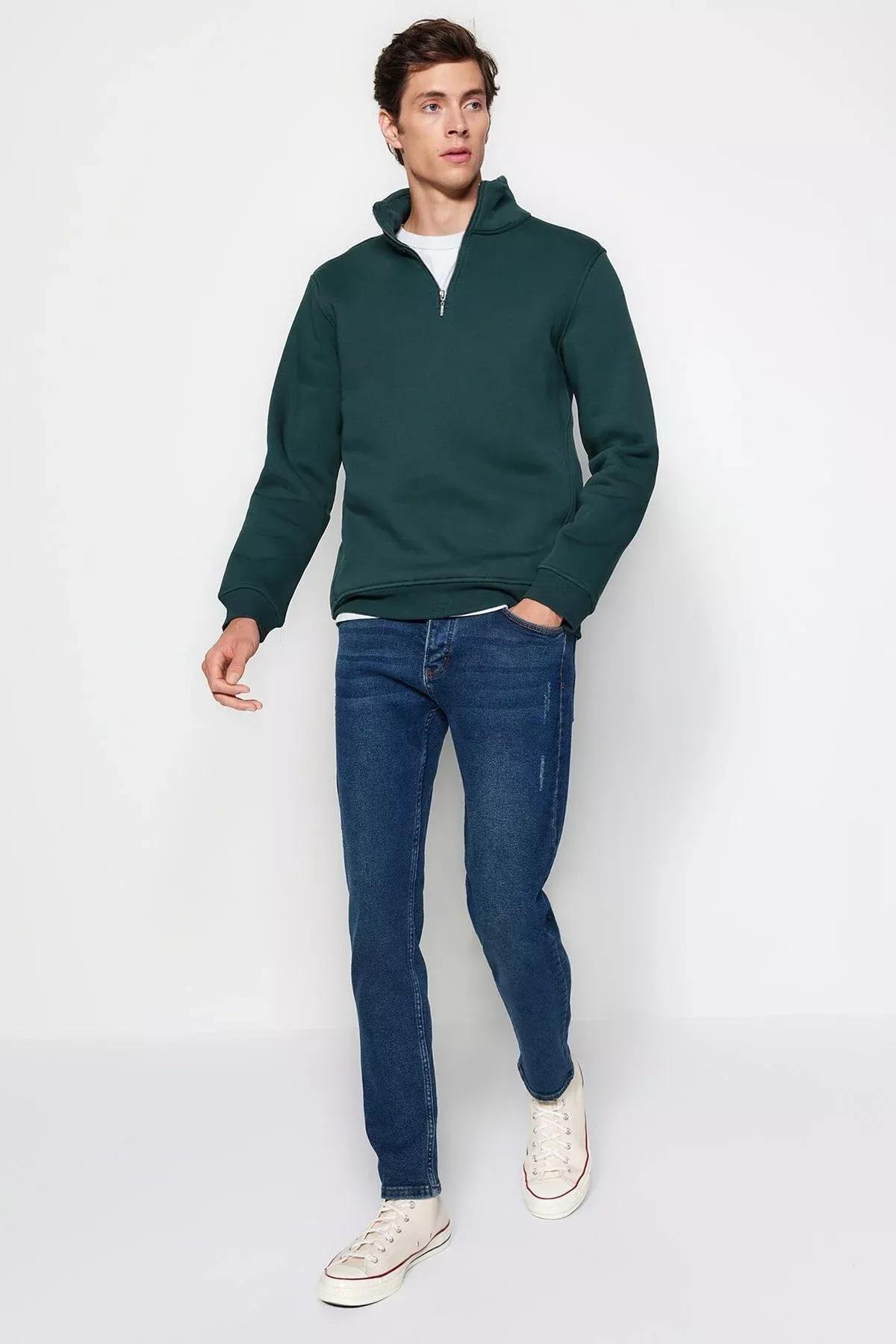 Green Stand Up Collar Zippered Basic Sweatshirt, C101_1737, large image number 3