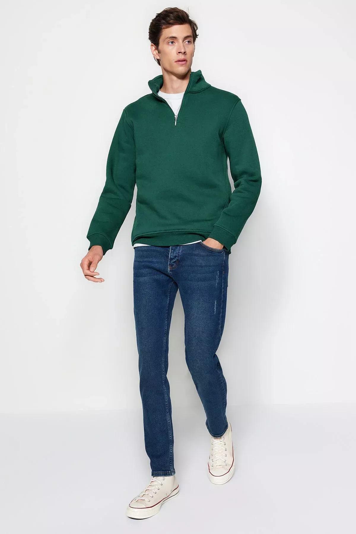 Green Stand Up Collar Zippered Basic Sweatshirt, C101_1737, large image number 4