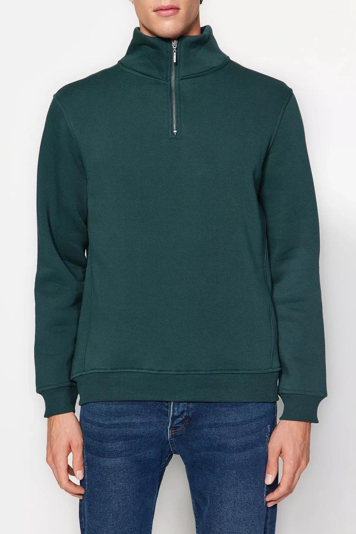 Green Stand Up Collar Zippered Basic Sweatshirt, C101_1737, large image number 5