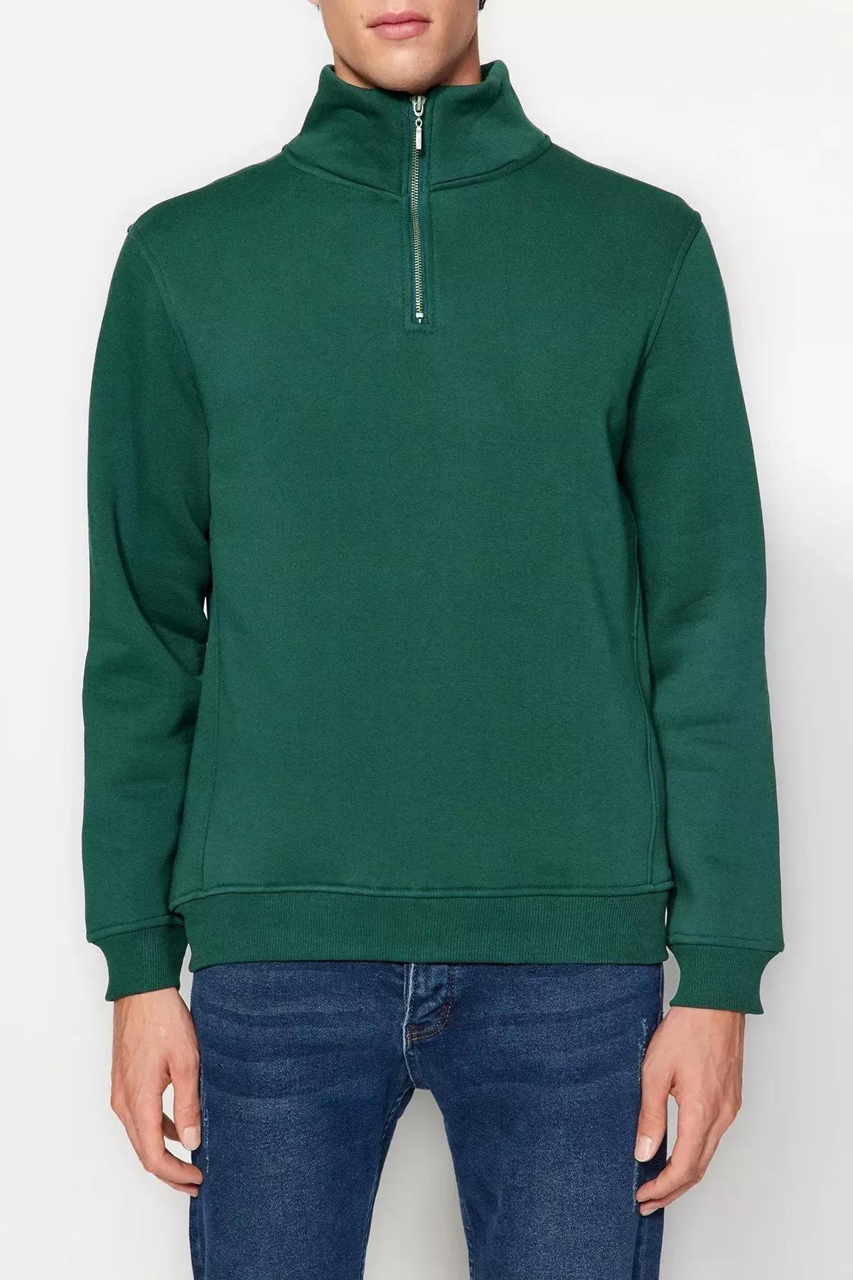 Green Stand Up Collar Zippered Basic Sweatshirt, C101_1737, large image number 6