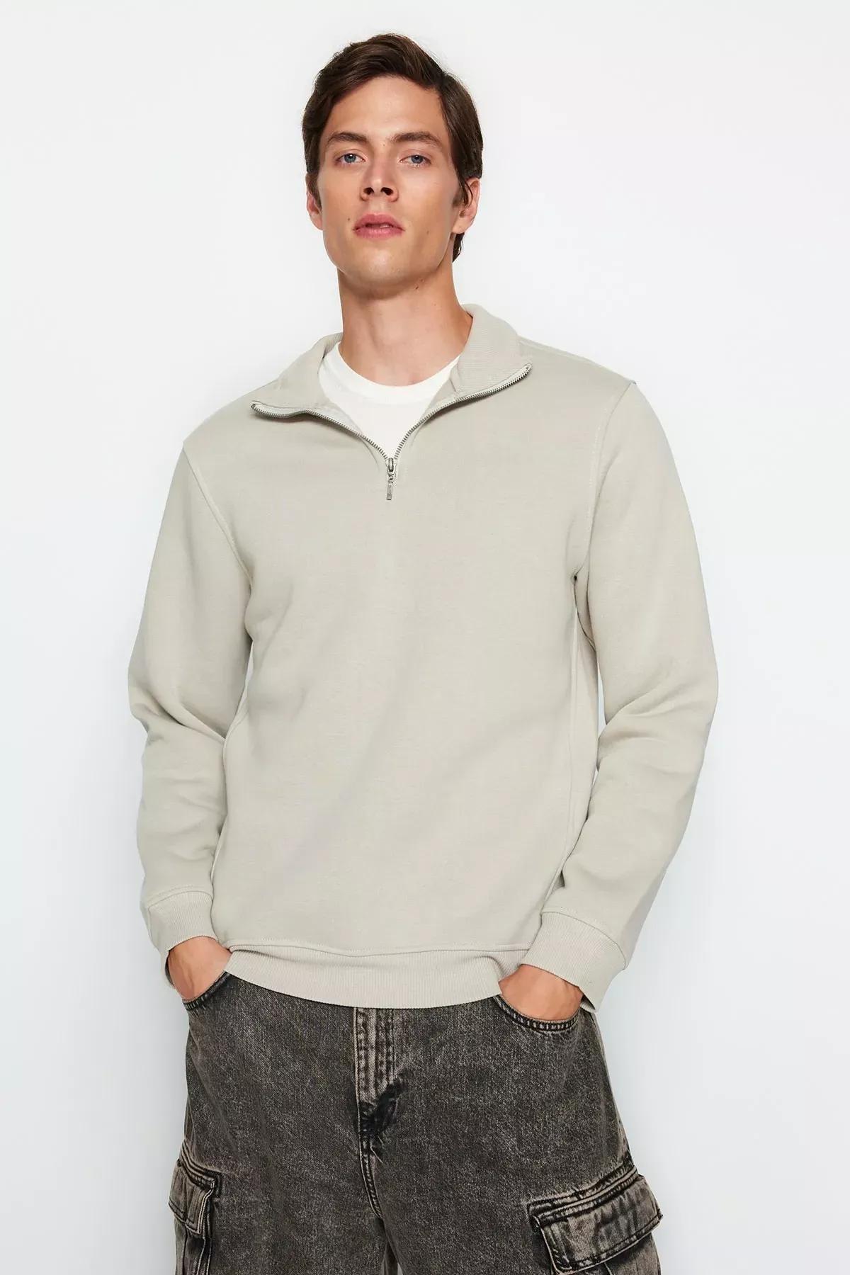 Beige Collared Zippered Sweatshirt, C101_1948, medium