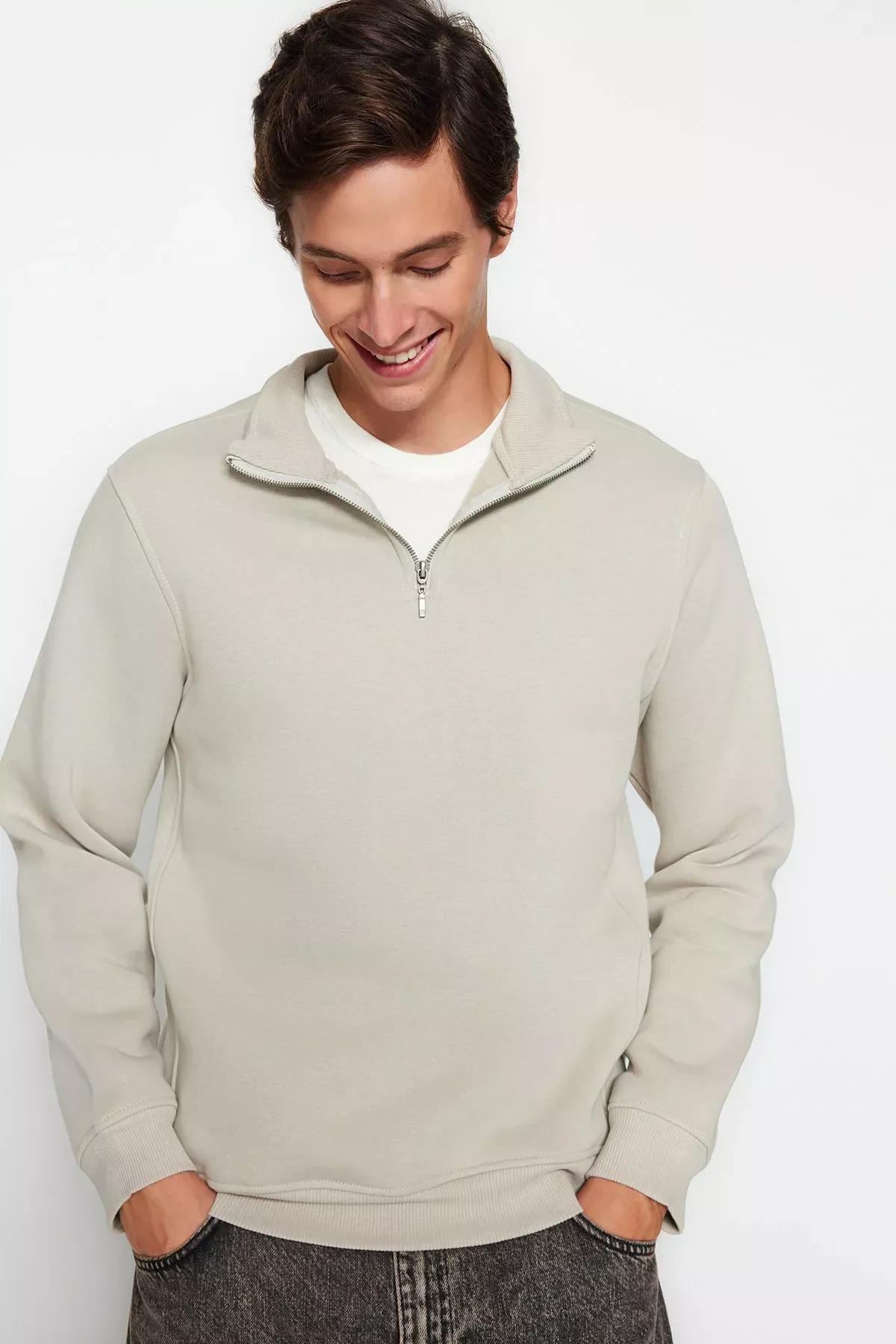 Beige Collared Zippered Sweatshirt, C101_1948, medium