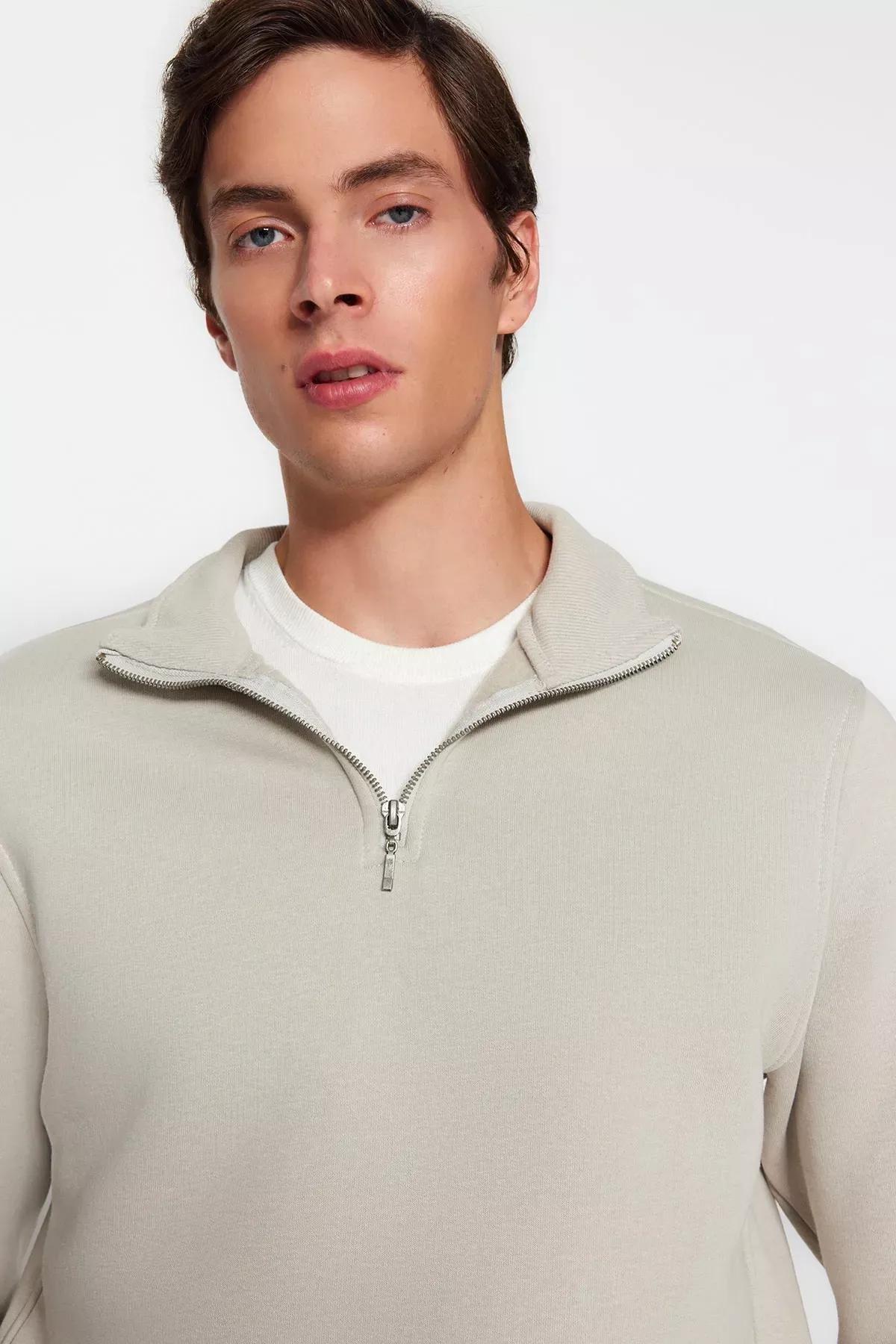 Beige Collared Zippered Sweatshirt, C101_1948, large image number 2